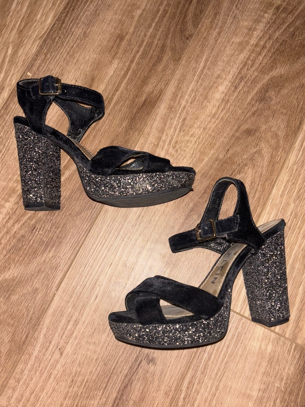 Black Glitter Platform Heels with Ankle Strap